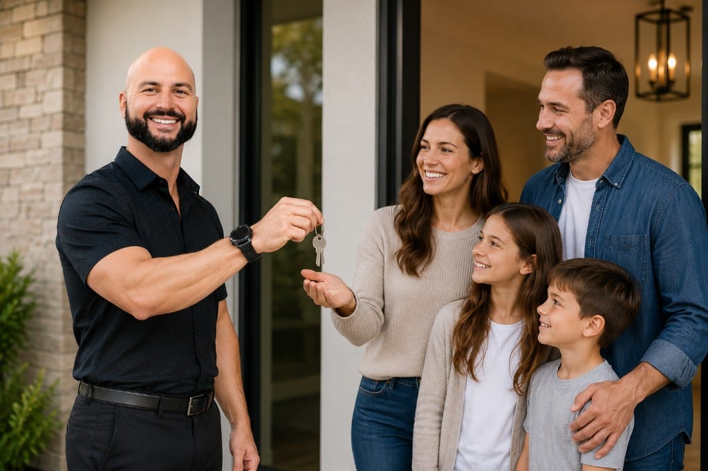 Nick Hebert handing house keys to a happy family in front of their new home